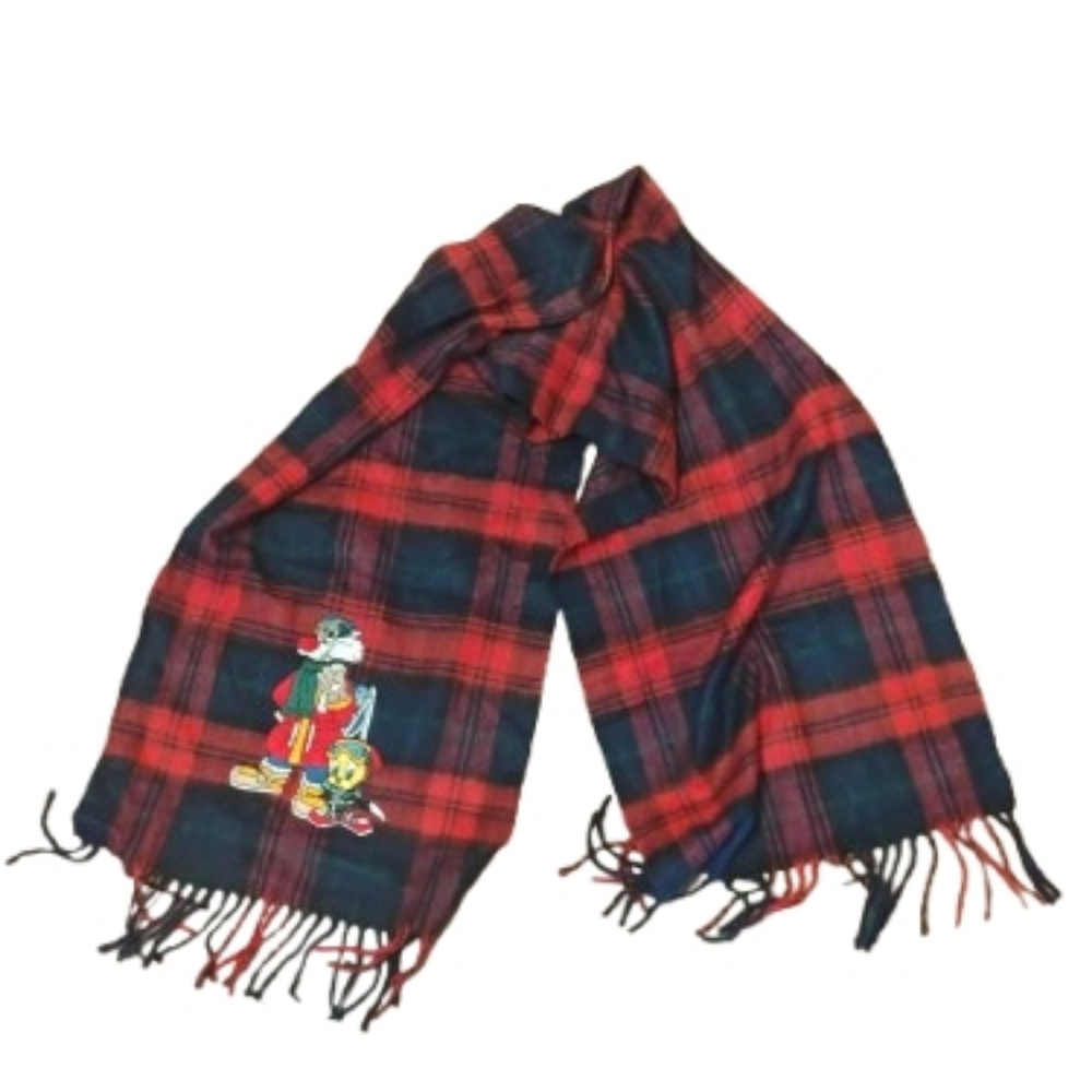 Vintage 1990s Acme Clothing Plaid Fringe Cartoon Scarf OS